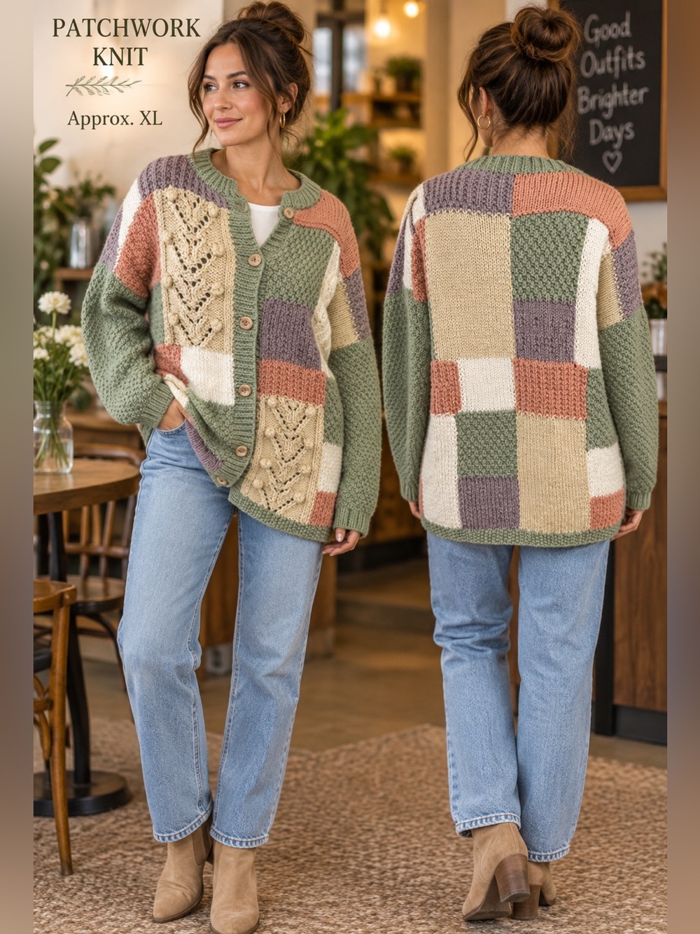 Patchwork Knit Cardigan Womens XL Cottagecore Cable Knit Button Front green boho